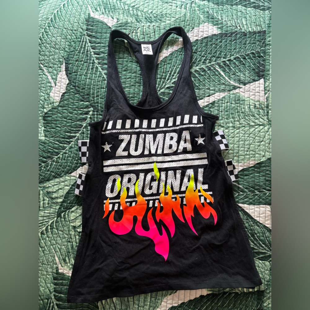 Zumba Fitness Black Racerback Tank with Neon Flame Graphic